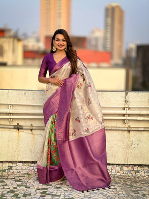Purple Banarasi Silk Blend Saree With Blouse Piece