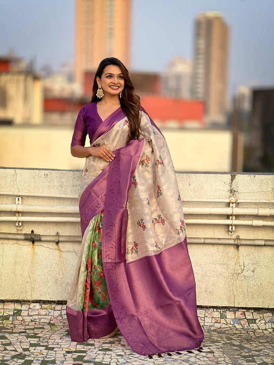 Purple Banarasi Silk Blend Saree With Blouse Piece