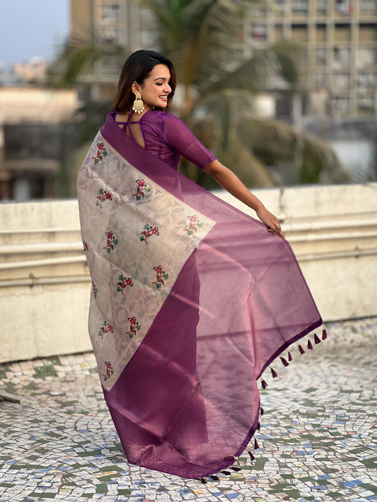 Purple Banarasi Silk Blend Saree With Blouse Piece