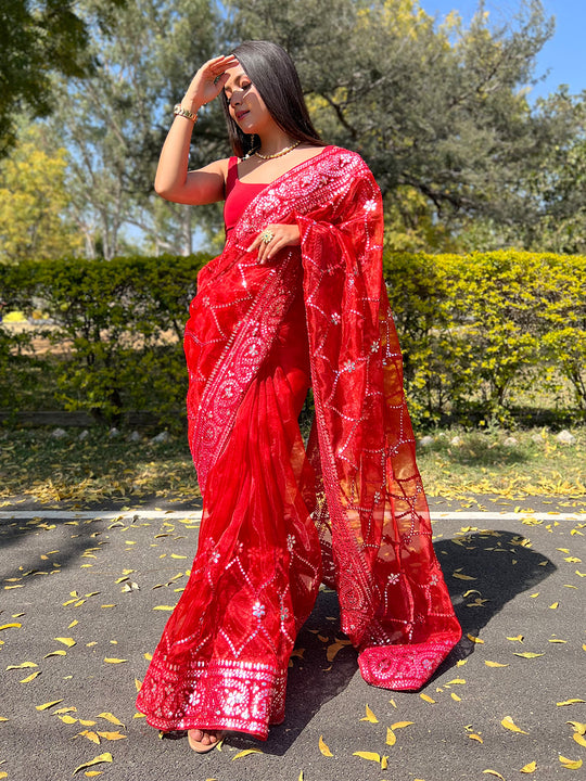 Red Organza Saree With Blouse Piece