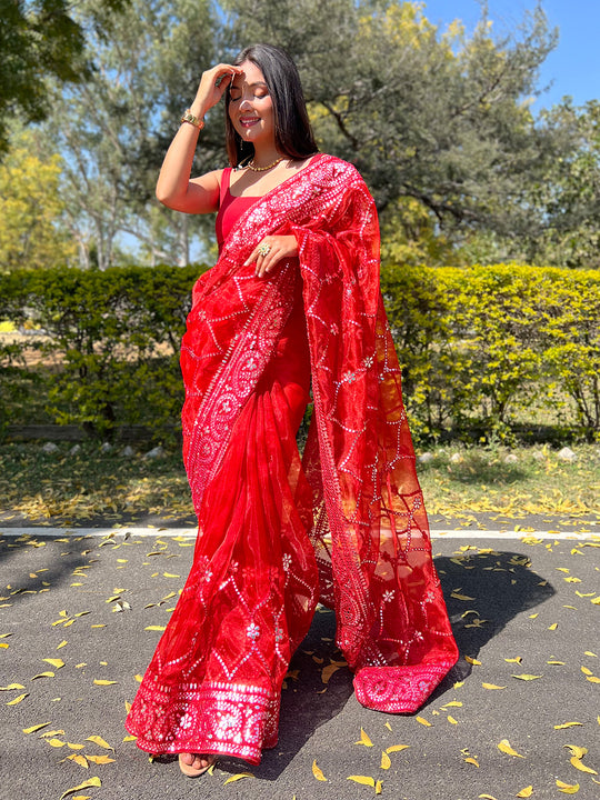 Red Organza Saree With Blouse Piece