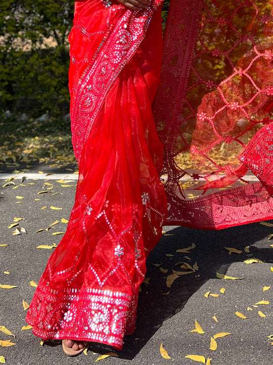 Red Organza Saree With Blouse Piece