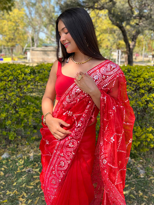 Red Organza Saree With Blouse Piece