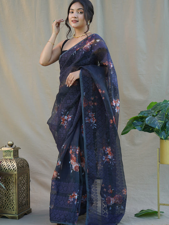 Navy Blue Organza Saree With Blouse Piece