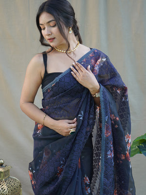 Navy Blue Organza Saree With Blouse Piece