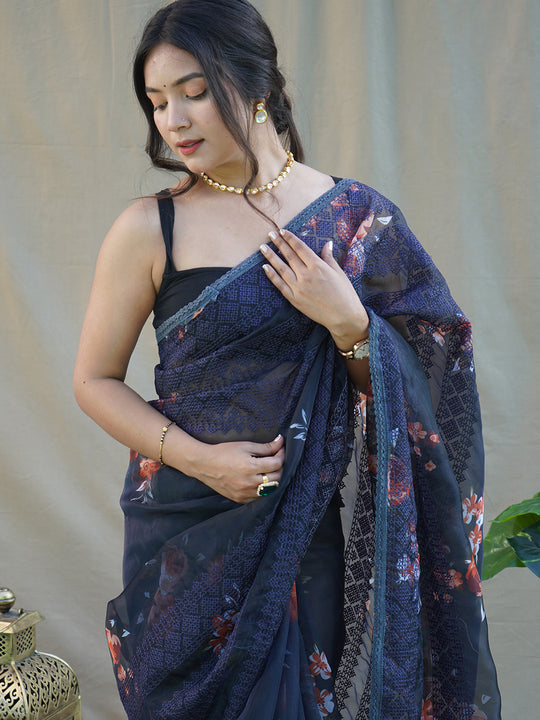 Navy Blue Organza Saree With Blouse Piece
