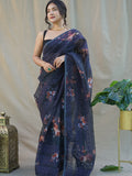Navy Blue Organza Saree With Blouse Piece
