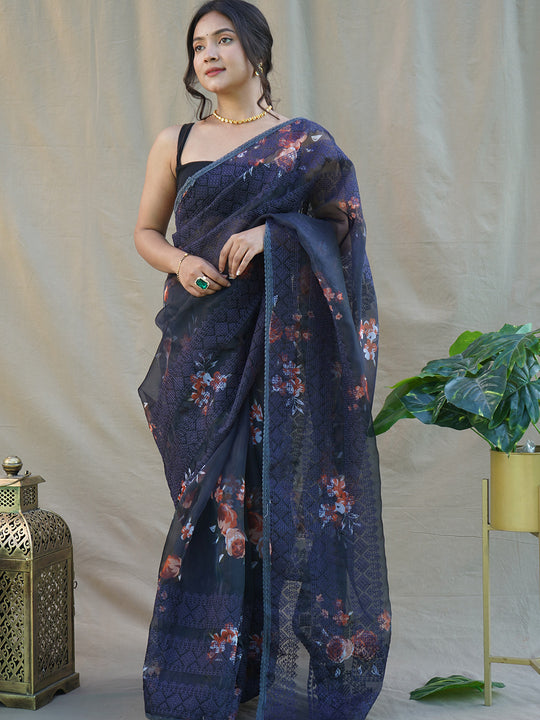 Navy Blue Organza Saree With Blouse Piece