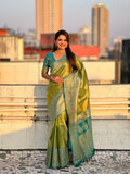 Green Banarasi Silk Blend Saree With Blouse Piece