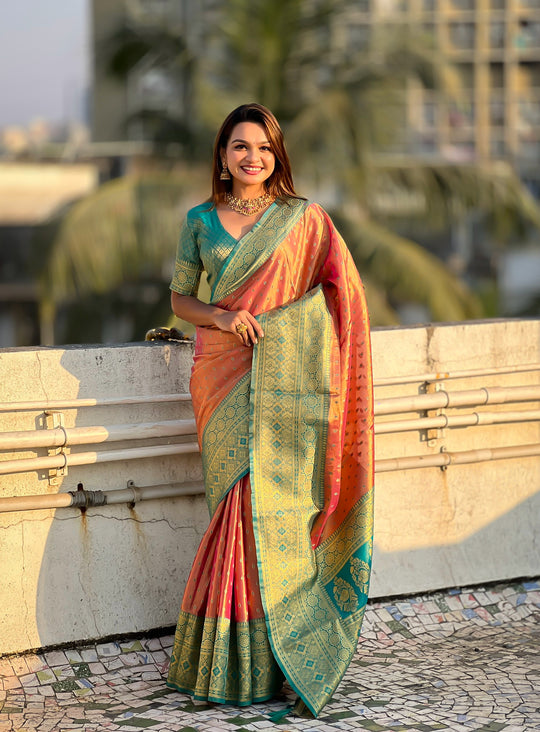 Peach Banarasi Silk Blend Saree With Blouse Piece