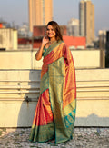 Peach Banarasi Silk Blend Saree With Blouse Piece