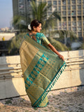 Rama Banarasi Silk Blend Saree With Blouse Piece