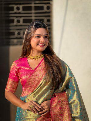 Grey Banarasi Silk Blend Saree With Blouse Piece