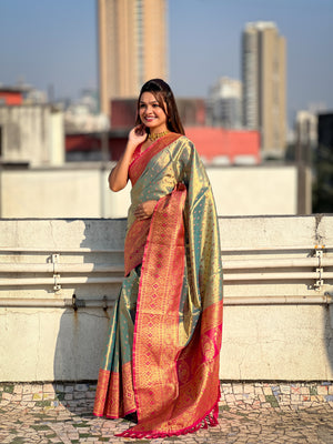 Grey Banarasi Silk Blend Saree With Blouse Piece