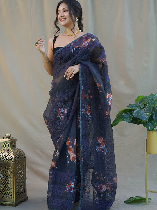 Navy Blue Organza Saree With Blouse Piece