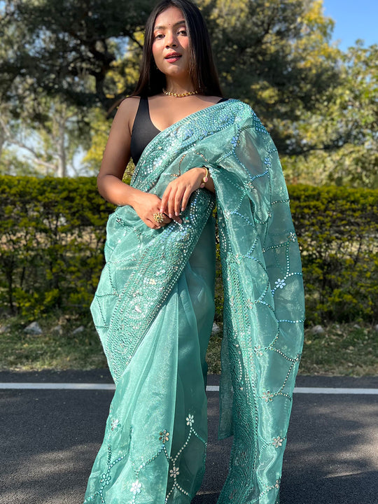 Green Organza Saree With Blouse Piece