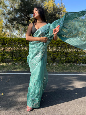 Green Organza Saree With Blouse Piece