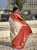 White Banarasi Silk Blend Saree With Blouse Piece