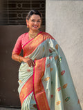 Pista Banarasi Silk Blend Saree With Blouse Piece