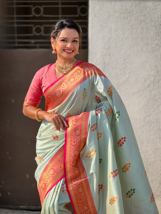Pista Banarasi Silk Blend Saree With Blouse Piece