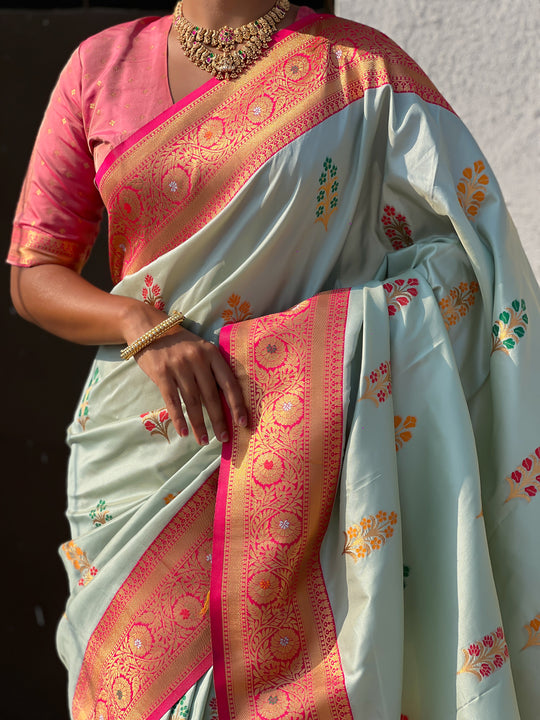 Pista Banarasi Silk Blend Saree With Blouse Piece