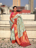 Pista Banarasi Silk Blend Saree With Blouse Piece
