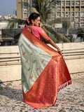 Pista Banarasi Silk Blend Saree With Blouse Piece