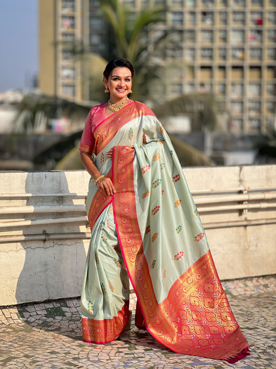Pista Banarasi Silk Blend Saree With Blouse Piece