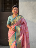 Pink Banarasi Silk Blend Saree With Blouse Piece