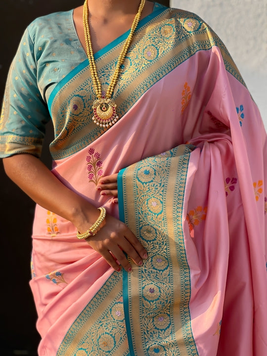Pink Banarasi Silk Blend Saree With Blouse Piece