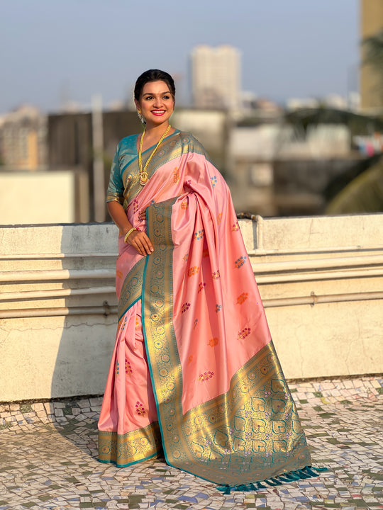 Pink Banarasi Silk Blend Saree With Blouse Piece