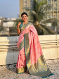 Pink Banarasi Silk Blend Saree With Blouse Piece