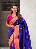 Blue Banarasi Silk Blend Saree With Blouse Piece