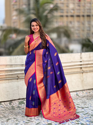Blue Banarasi Silk Blend Saree With Blouse Piece