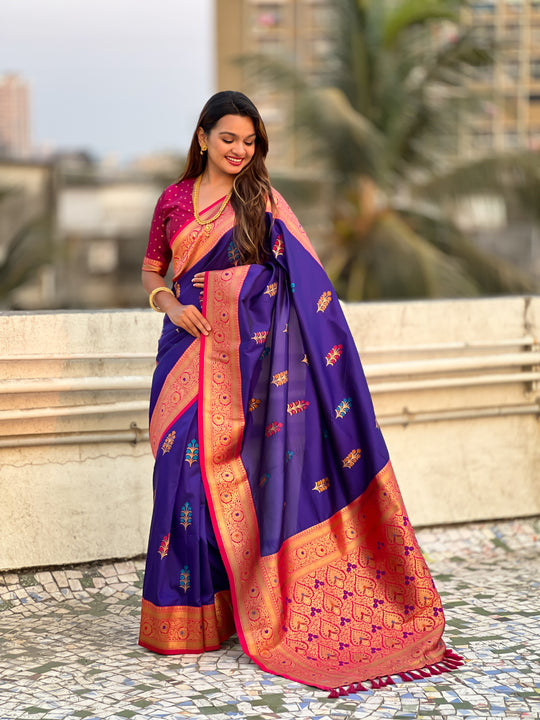 Blue Banarasi Silk Blend Saree With Blouse Piece