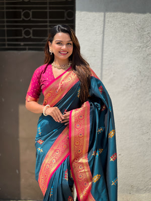 Teal Blue Banarasi Silk Blend Saree With Blouse Piece