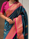 Teal Blue Banarasi Silk Blend Saree With Blouse Piece