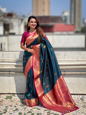 Teal Blue Banarasi Silk Blend Saree With Blouse Piece