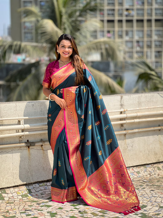 Teal Blue Banarasi Silk Blend Saree With Blouse Piece