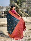 Teal Blue Banarasi Silk Blend Saree With Blouse Piece