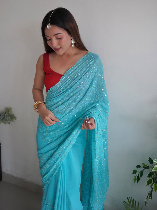 Blue Georgette Saree With Blouse Piece