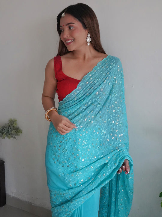 Sky Blue Georgette Saree With Blouse Piece