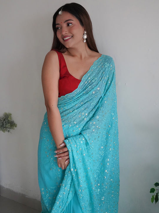 Sky Blue Georgette Saree With Blouse Piece