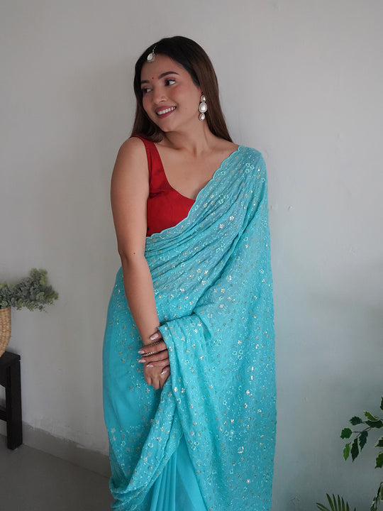 Blue Georgette Saree With Blouse Piece