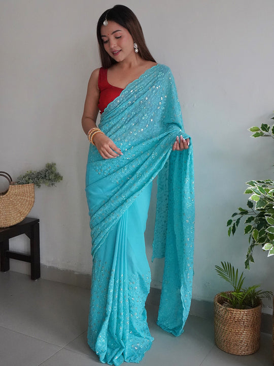 Sky Blue Georgette Saree With Blouse Piece