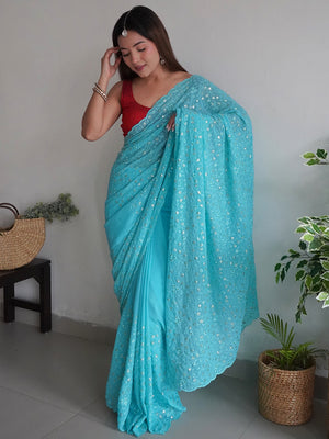 Sky Blue Georgette Saree With Blouse Piece