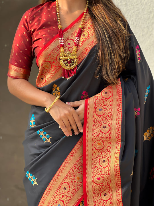 Black Banarasi Silk Blend Saree With Blouse Piece