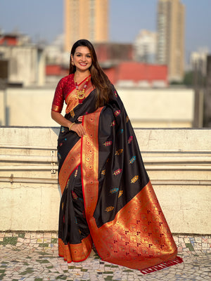 Black Banarasi Silk Blend Saree With Blouse Piece