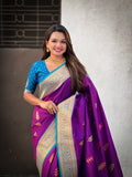 Wine Banarasi Silk Blend Saree With Blouse Piece