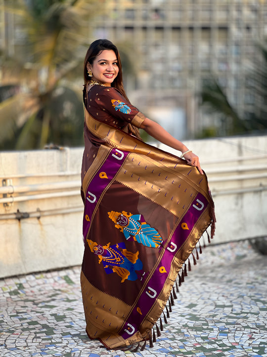 Coffee Banarasi Silk Blend Saree With Blouse Piece